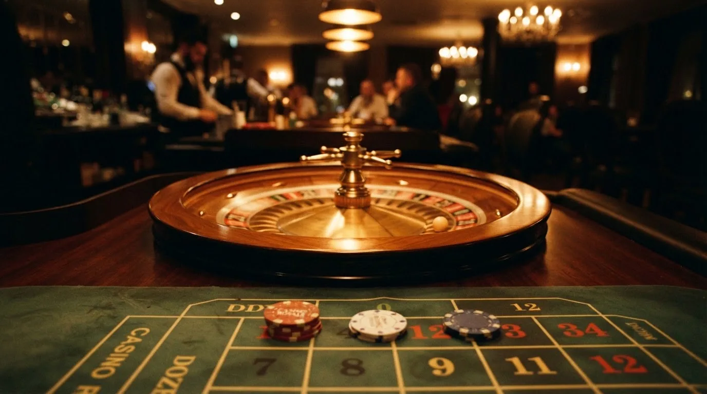 Roulettehjul och spelmarker på grön filt i varmt kvällsljus — 10 euro casino i sverige