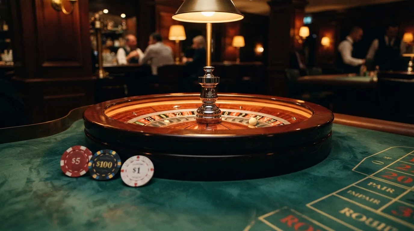 Roulettehjul och spelmarker på grön filt i varmt kvällsljus — 10 free spins casino i sverige