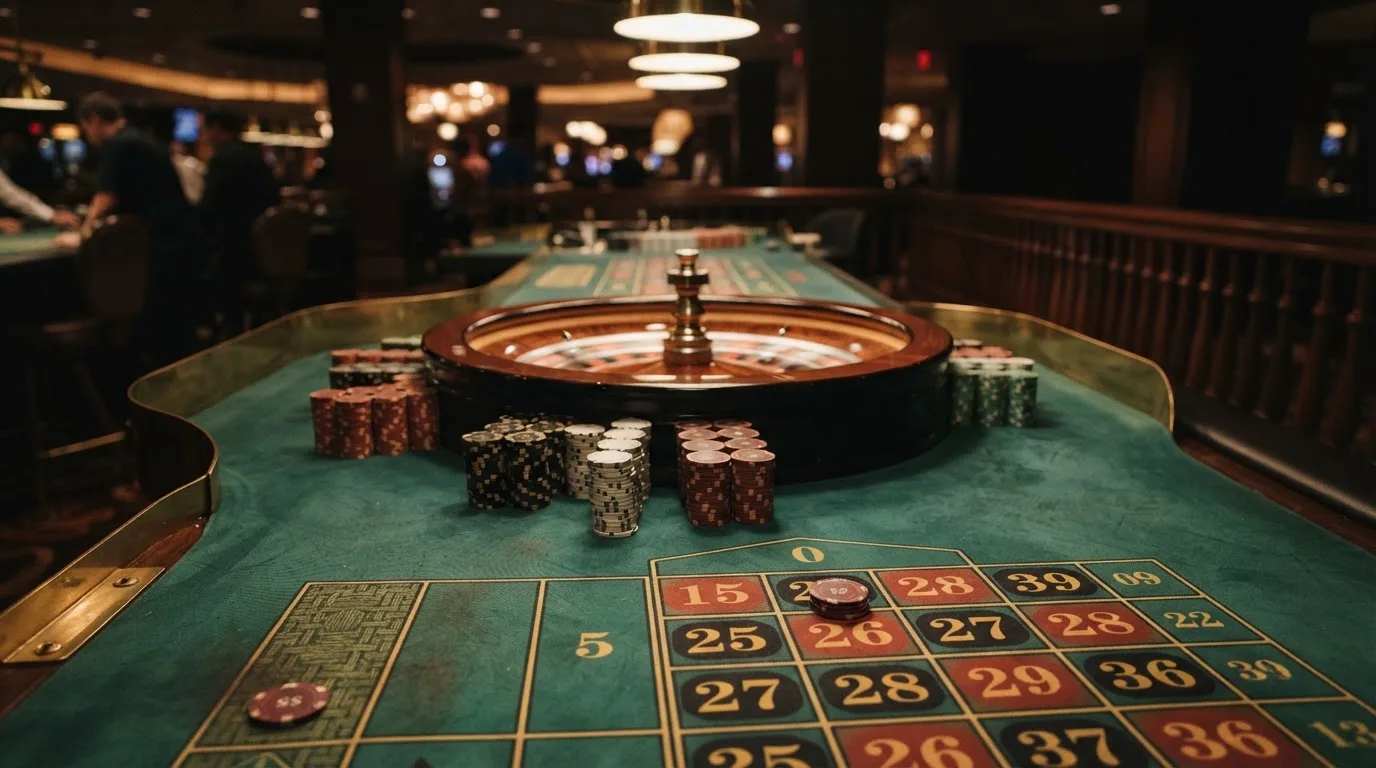 Roulettehjul och spelmarker på grön filt i varmt kvällsljus — 10 kr casino i sverige