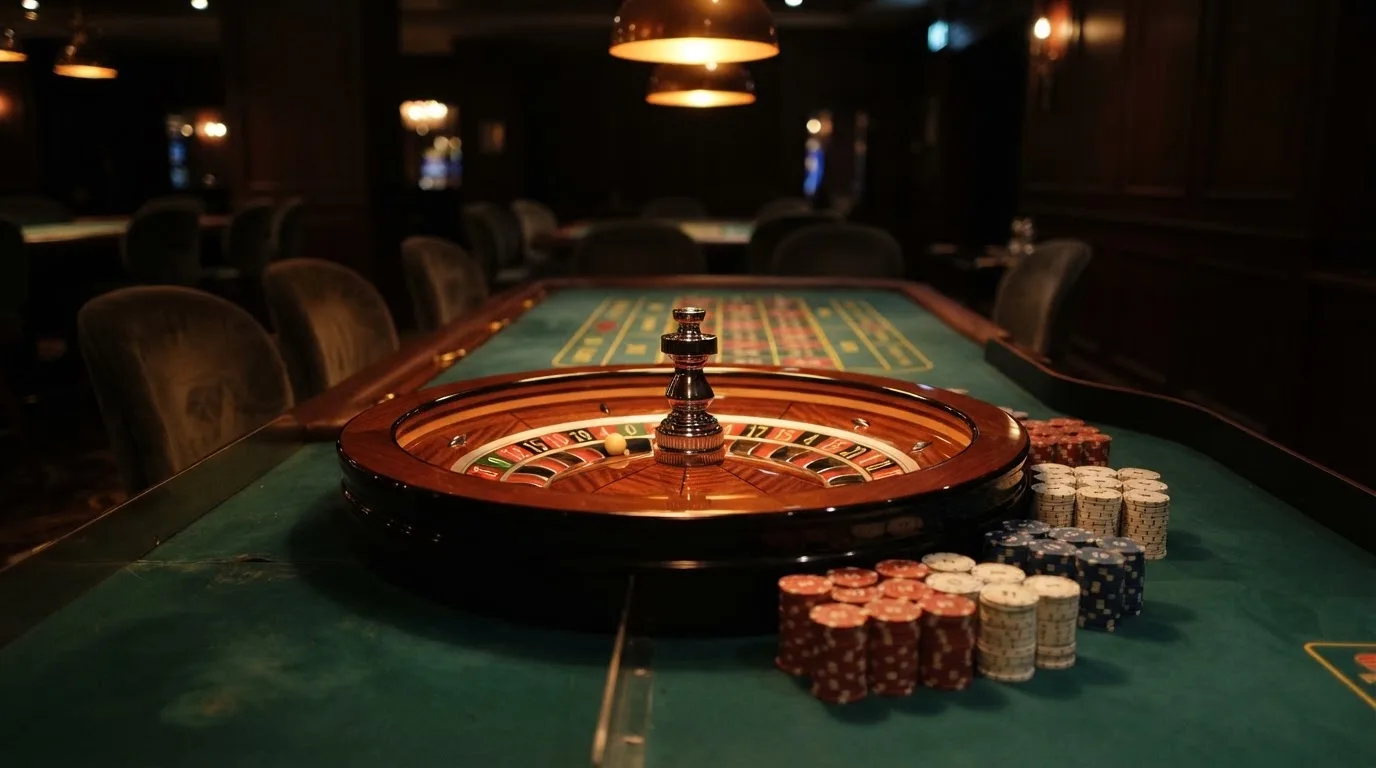 Roulettehjul och spelmarker på grön filt i varmt kvällsljus — 100 euro casino i sverige
