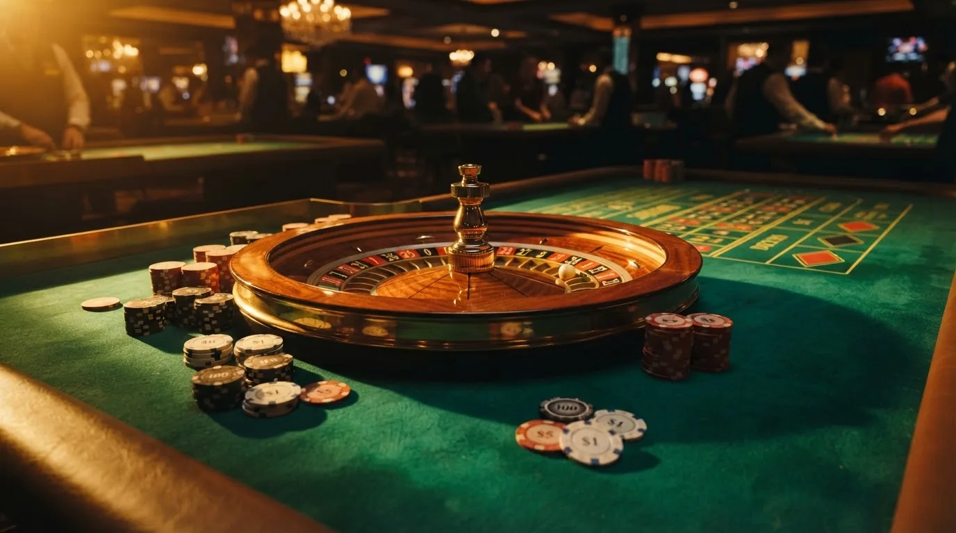 Roulettehjul och spelmarker på grön filt i varmt kvällsljus — 100 free spins casino i sverige