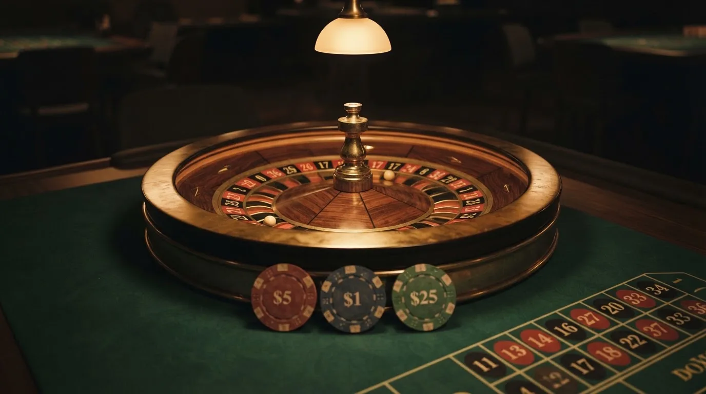 Roulettehjul och spelmarker på grön filt i varmt kvällsljus — 150 free spins casino i sverige