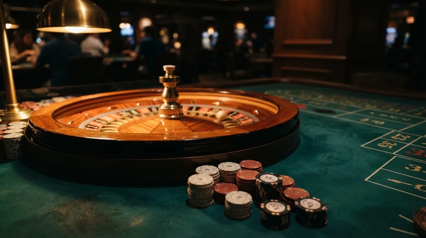 Roulettehjul och spelmarker på grön filt i varmt kvällsljus — bästa blackjack i sverige