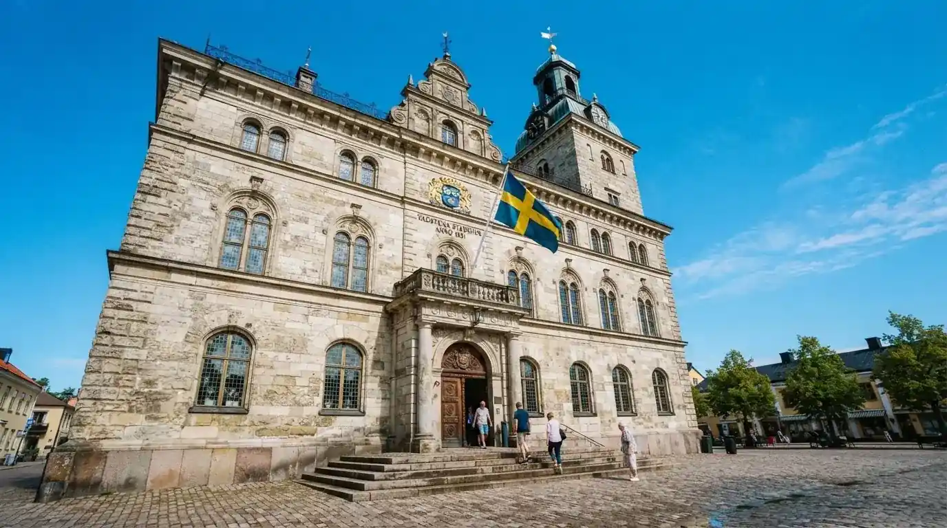Ett gammalt stadshus i sten fotograferat underifrån mot en klarblå himmel, med den svenska flaggan som fladdrar ovanför entrén.