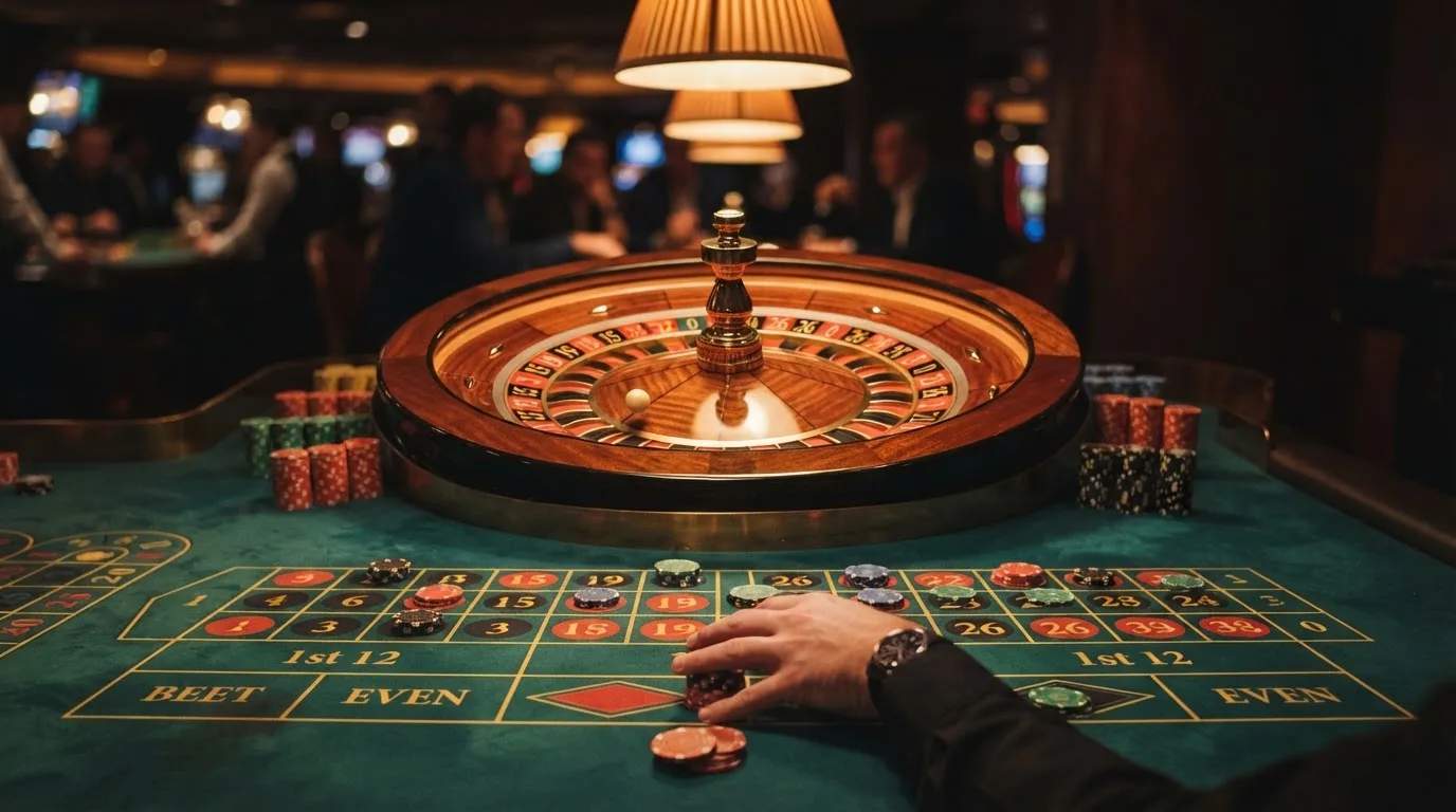 Roulettehjul och spelmarker på grön filt i varmt kvällsljus — blackjack gratis i sverige