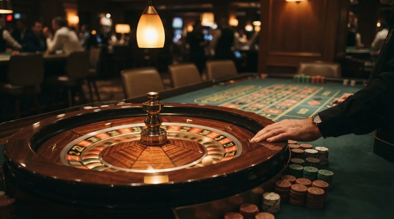 Roulettehjul och spelmarker på grön filt i varmt kvällsljus — blackjack med live dealer i sverige