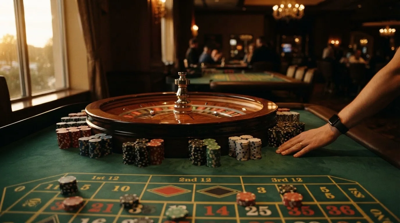 Roulettehjul och spelmarker på grön filt i varmt kvällsljus — blackjack på nätet i sverige