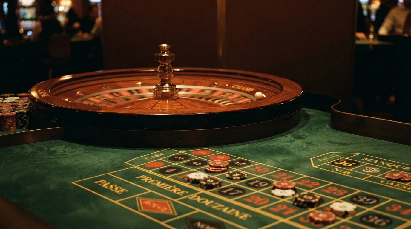 Roulettehjul och spelmarker på grön filt i varmt kvällsljus — bra svenska casinon