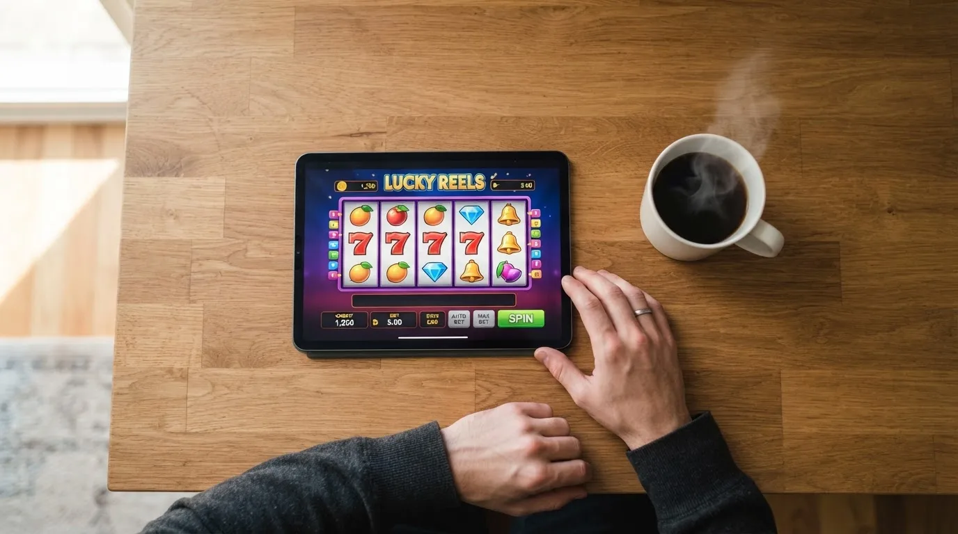 En person sitter vid ett skrivbord hemma med en surfplatta nedvänd bredvid en kopp kaffe i morgonljus.