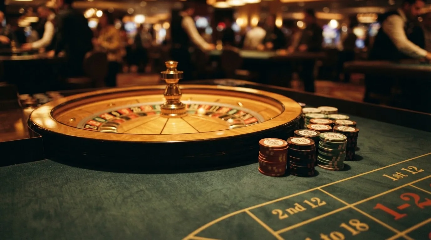 Roulettehjul och spelmarker på grön filt i varmt kvällsljus — casino regler för svenskar