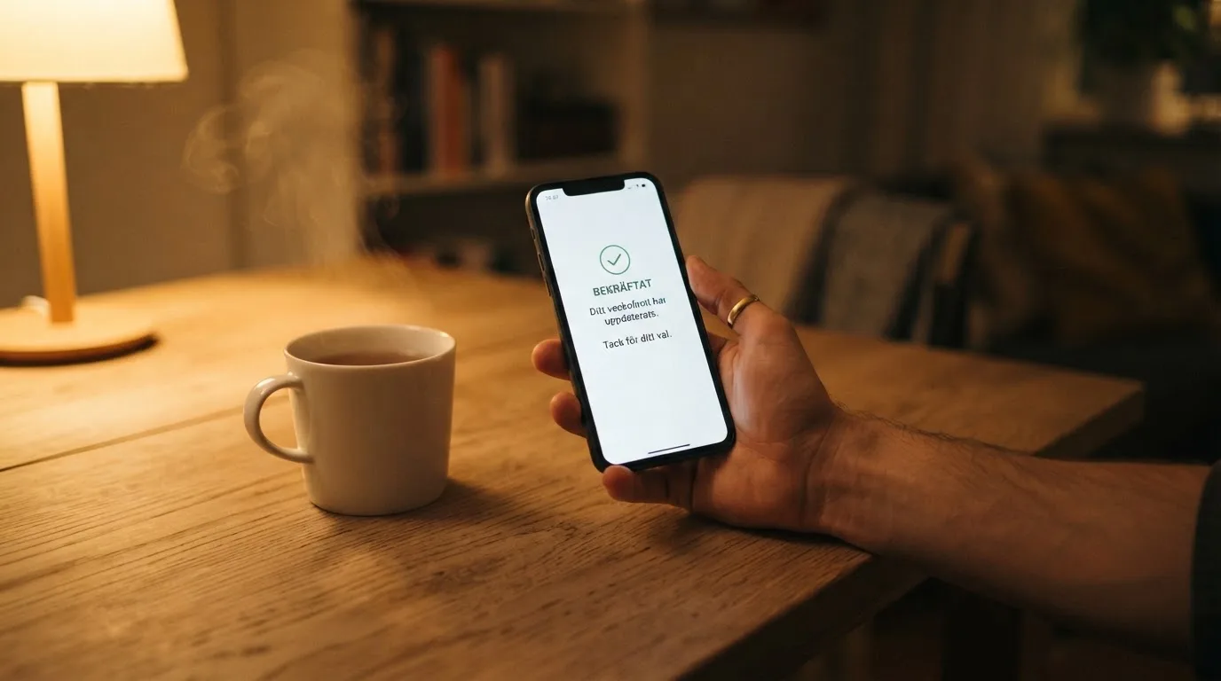Hand håller en mobiltelefon bredvid en kopp te vid ett köksbord en lugn kväll — casino regler för svenskar