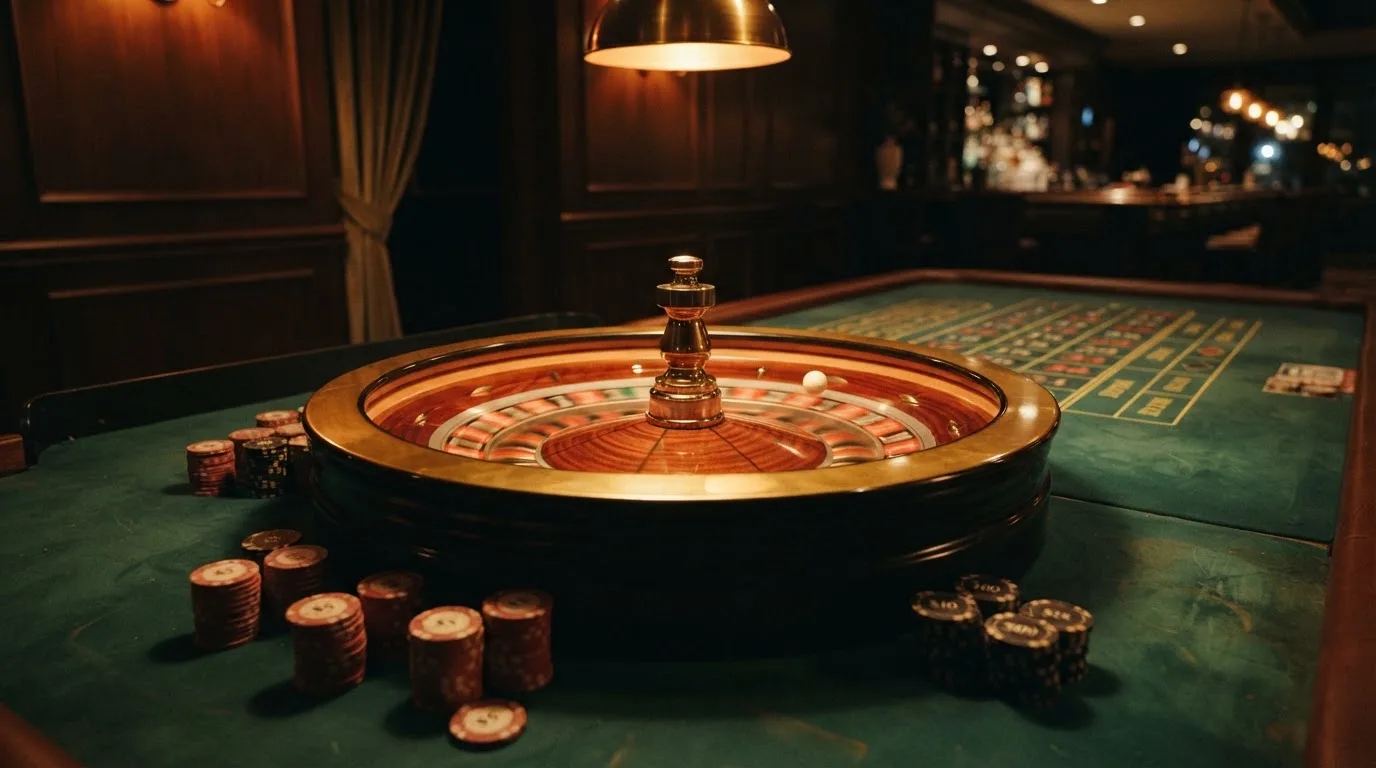 Roulettehjul och spelmarker på grön filt i varmt kvällsljus — casinon med bankid i sverige