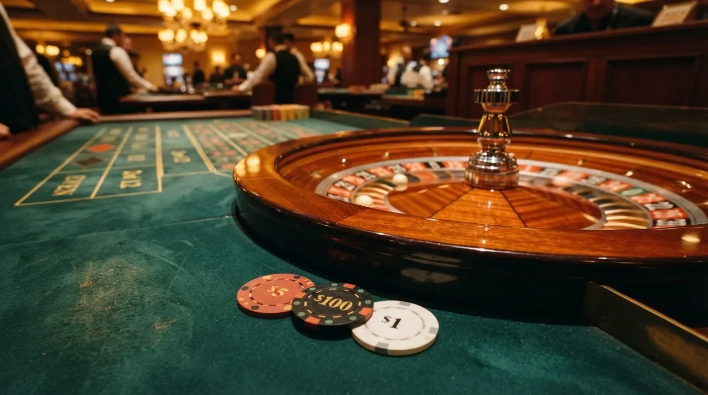 Roulettehjul och spelmarker på grön filt i varmt kvällsljus — casinon med curaçao licens