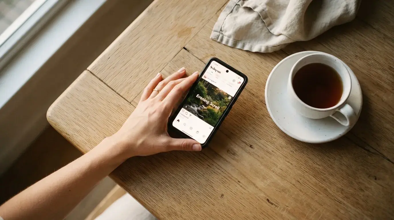 Hand håller en mobiltelefon bredvid en kopp te vid ett köksbord en lugn kväll — casinon med curaçao licens