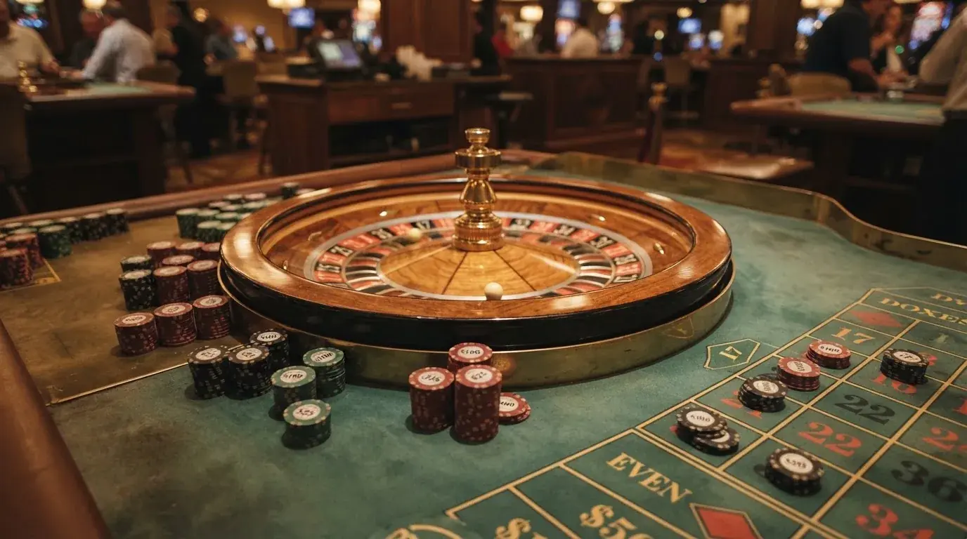 Roulettehjul och spelmarker på grön filt i varmt kvällsljus — casinon med jackpot i sverige