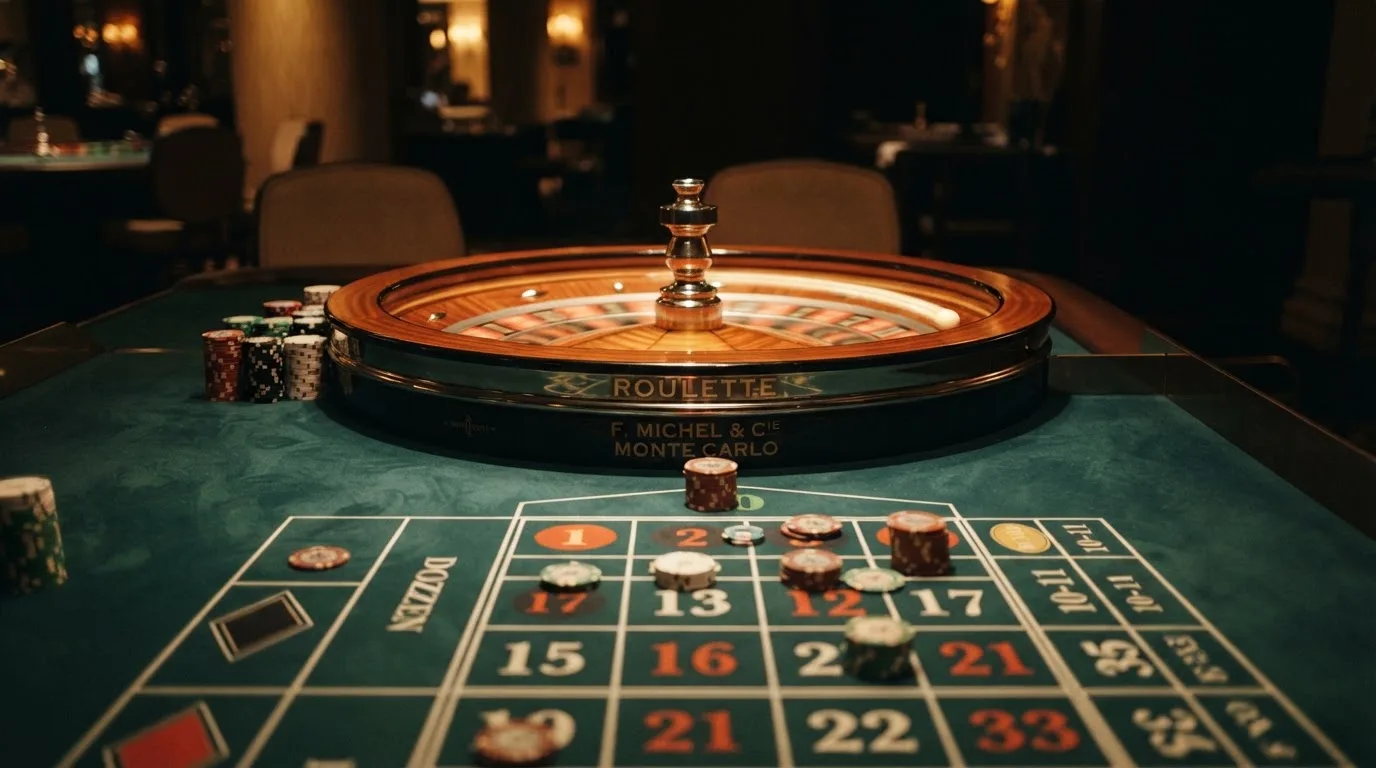 Roulettehjul och spelmarker på grön filt i varmt kvällsljus — casinon med slots i sverige