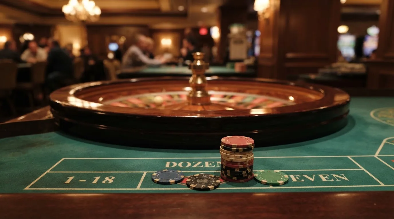 Roulettehjul och spelmarker på grön filt i varmt kvällsljus — casinon med uttag i sverige