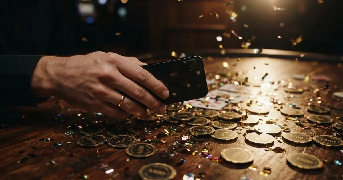 En hand håller upp en smartphone med skärmen vänd nedåt bredvid glittrande konfetti och guldmynt på ett mörkt bord.