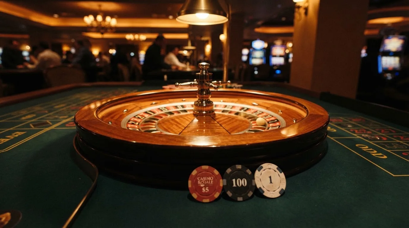 Roulettehjul och spelmarker på grön filt i varmt kvällsljus — casinon utan bankid i sverige