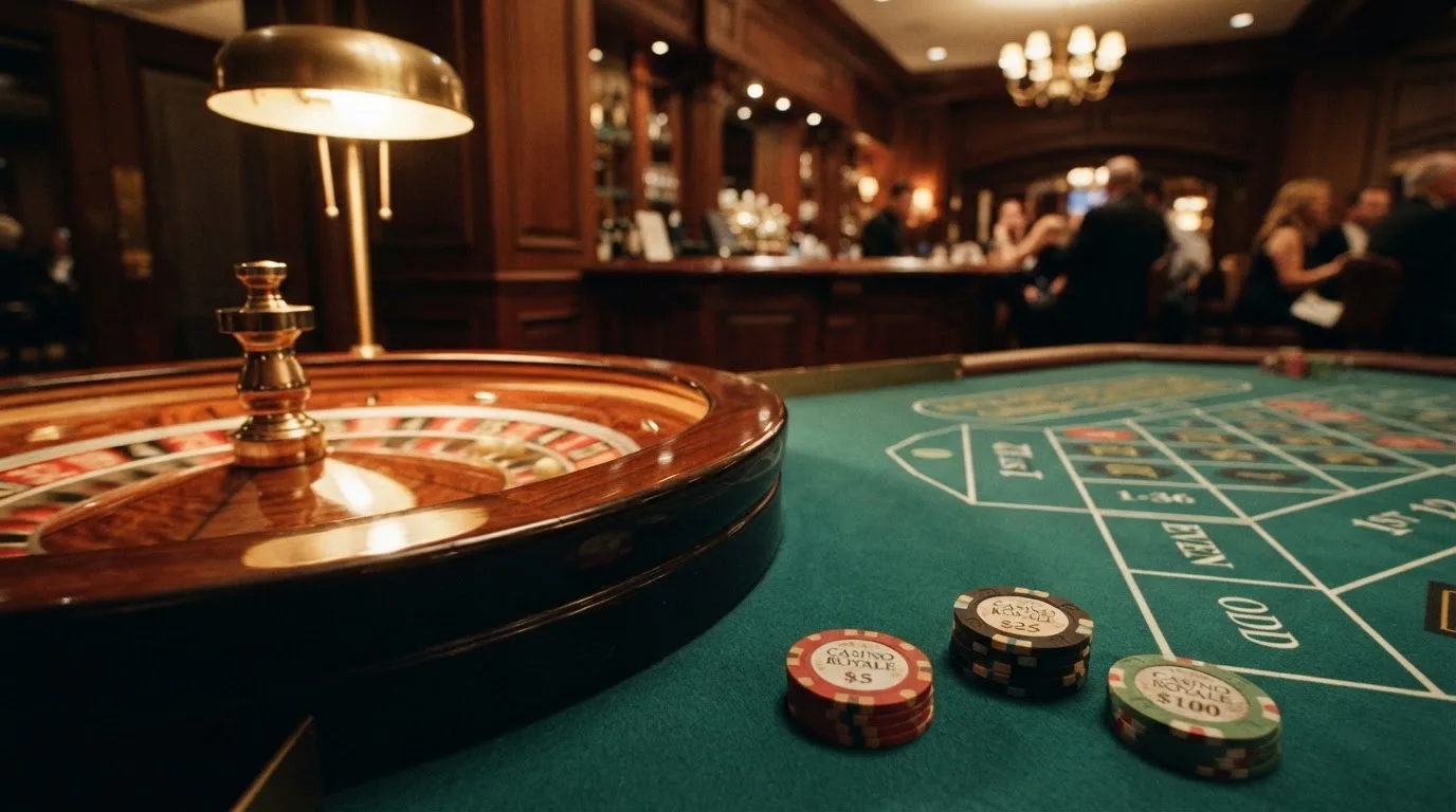 Roulettehjul och spelmarker på grön filt i varmt kvällsljus — casinon utan spelgräns i sverige
