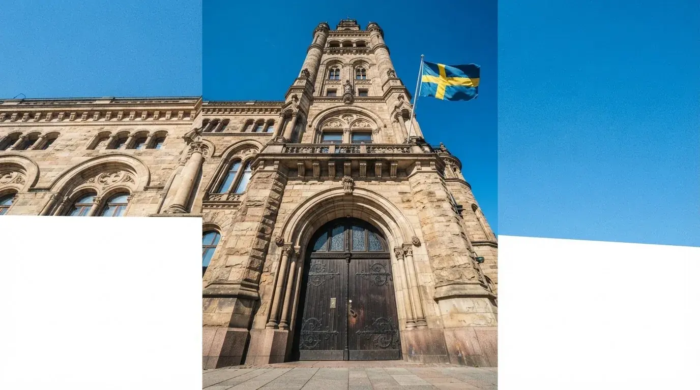 Ett gammalt stadshus i sten fotograferat underifrån mot en klarblå himmel, med den svenska flaggan som fladdrar ovanför entrén.