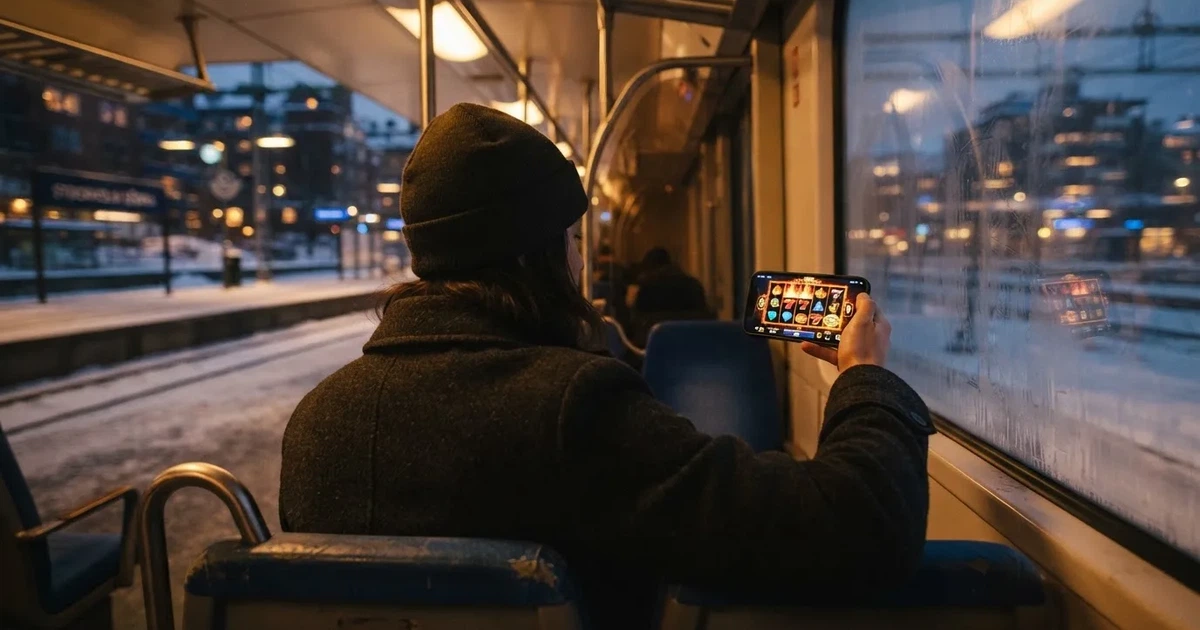 Mobiltelefon i handen på en pendeltåg i Stockholm en vinterkväll — mobil kasino i sverige