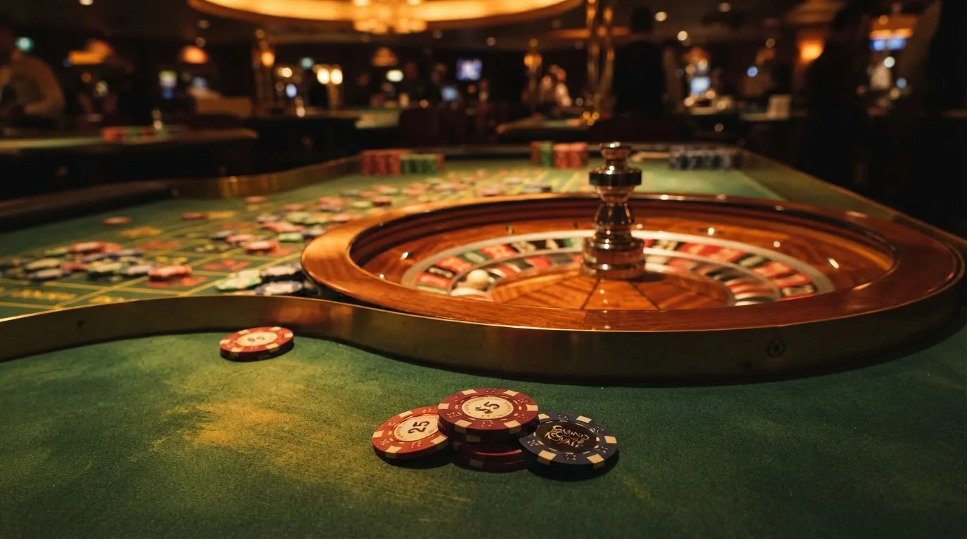 Roulettehjul och spelmarker på grön filt i varmt kvällsljus — svenska casinon med bitcoin
