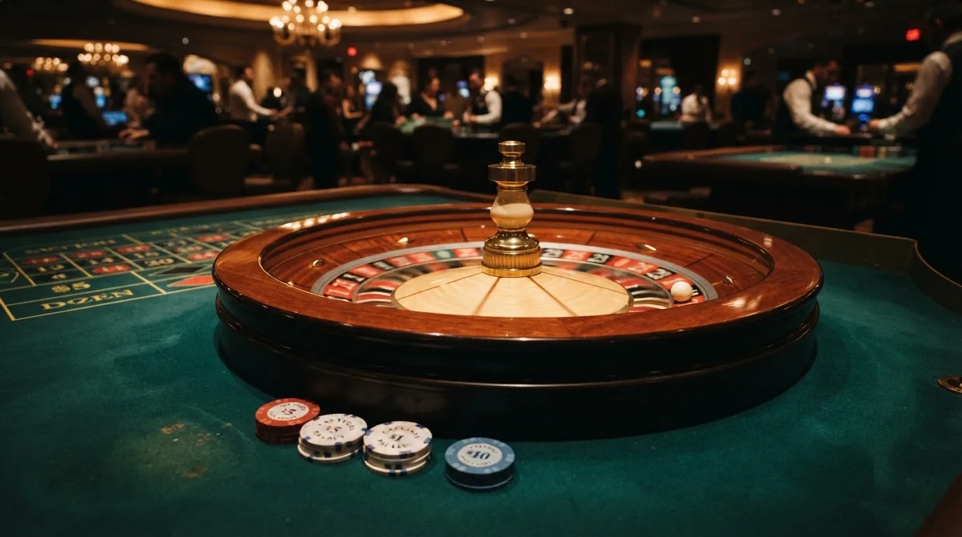 Roulettehjul och spelmarker på grön filt i varmt kvällsljus — svenska casinon med dogecoin
