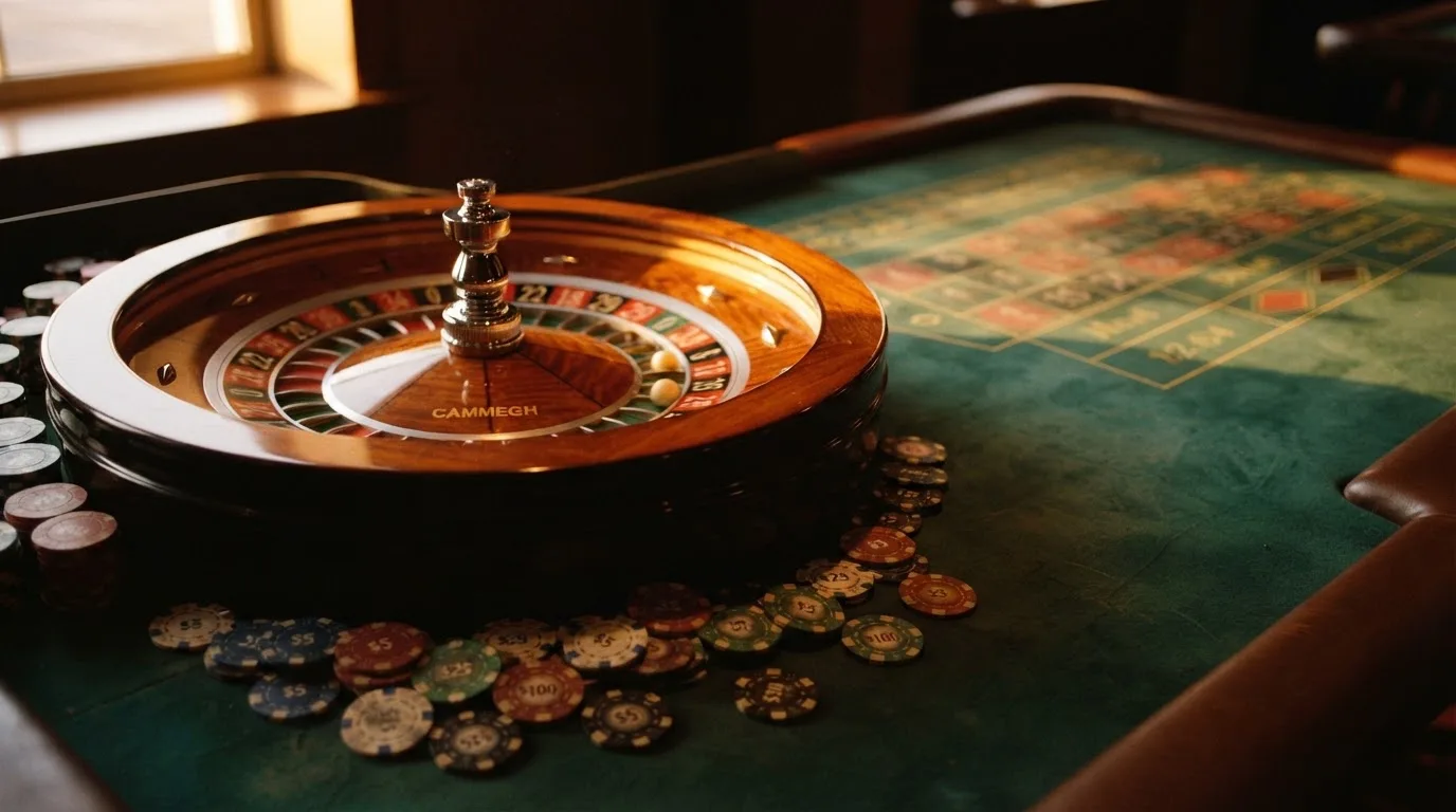 Roulettehjul och spelmarker på grön filt i varmt kvällsljus — svenska casinon på android