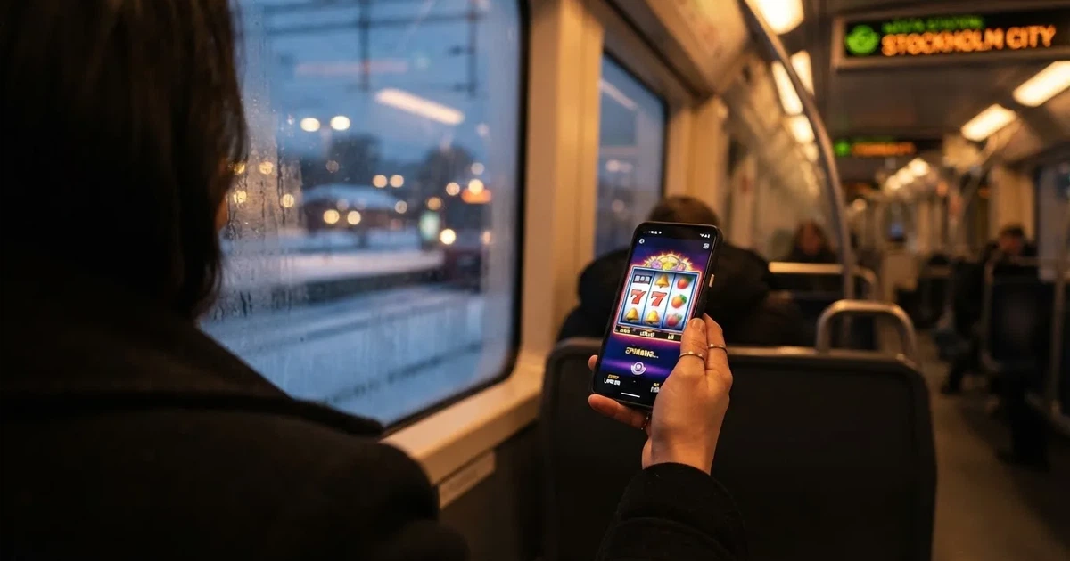 Mobiltelefon i handen på en pendeltåg i Stockholm en vinterkväll — svenska casinon på android